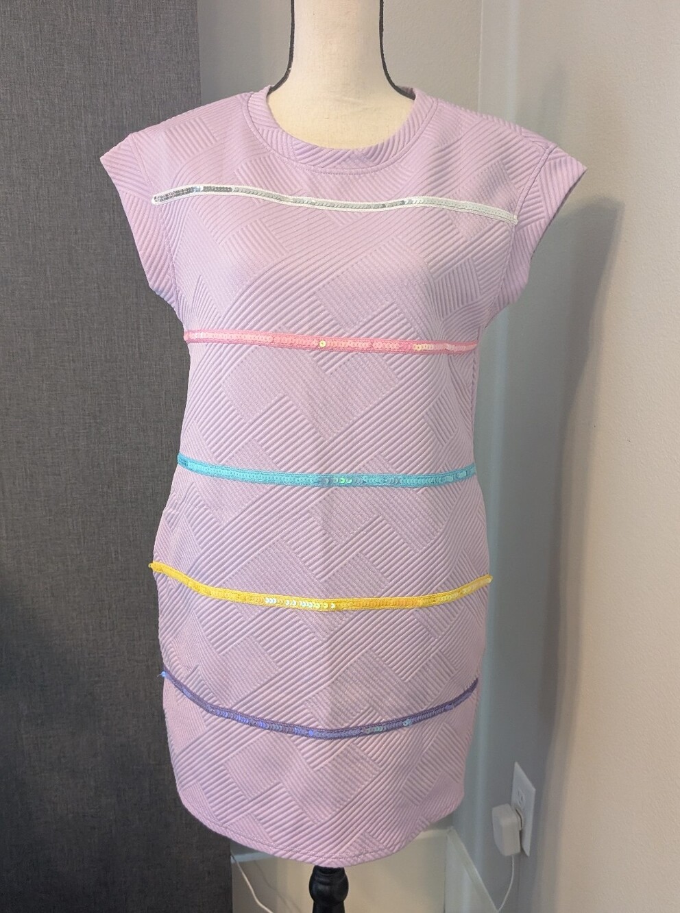 Wenrine Amazon Lavender Sequin Stripe Teacher Dress Pocket Mini Dress Small EUC